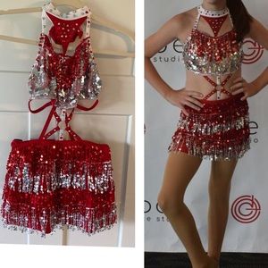 Red & Silver blingy dance costume, size LC, Large Child.